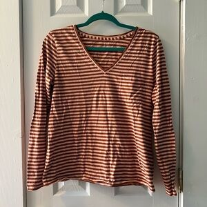 Garnet Hill 100% Organic Pima Cotton Striped V-Neck Top Rust Blush Long Sleeve M